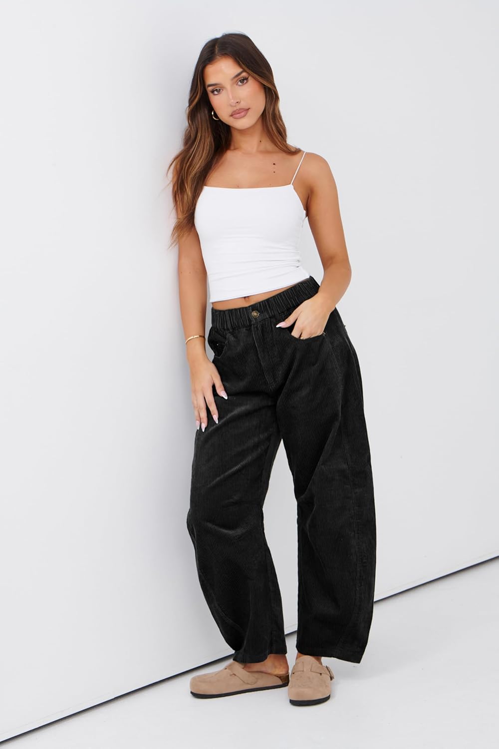 Lviefent Womens Mid Rise Cord Barrel Jeans Casual Baggy Wide Leg Corduroy Cropped Ankle Pants with Pockets - Image 5