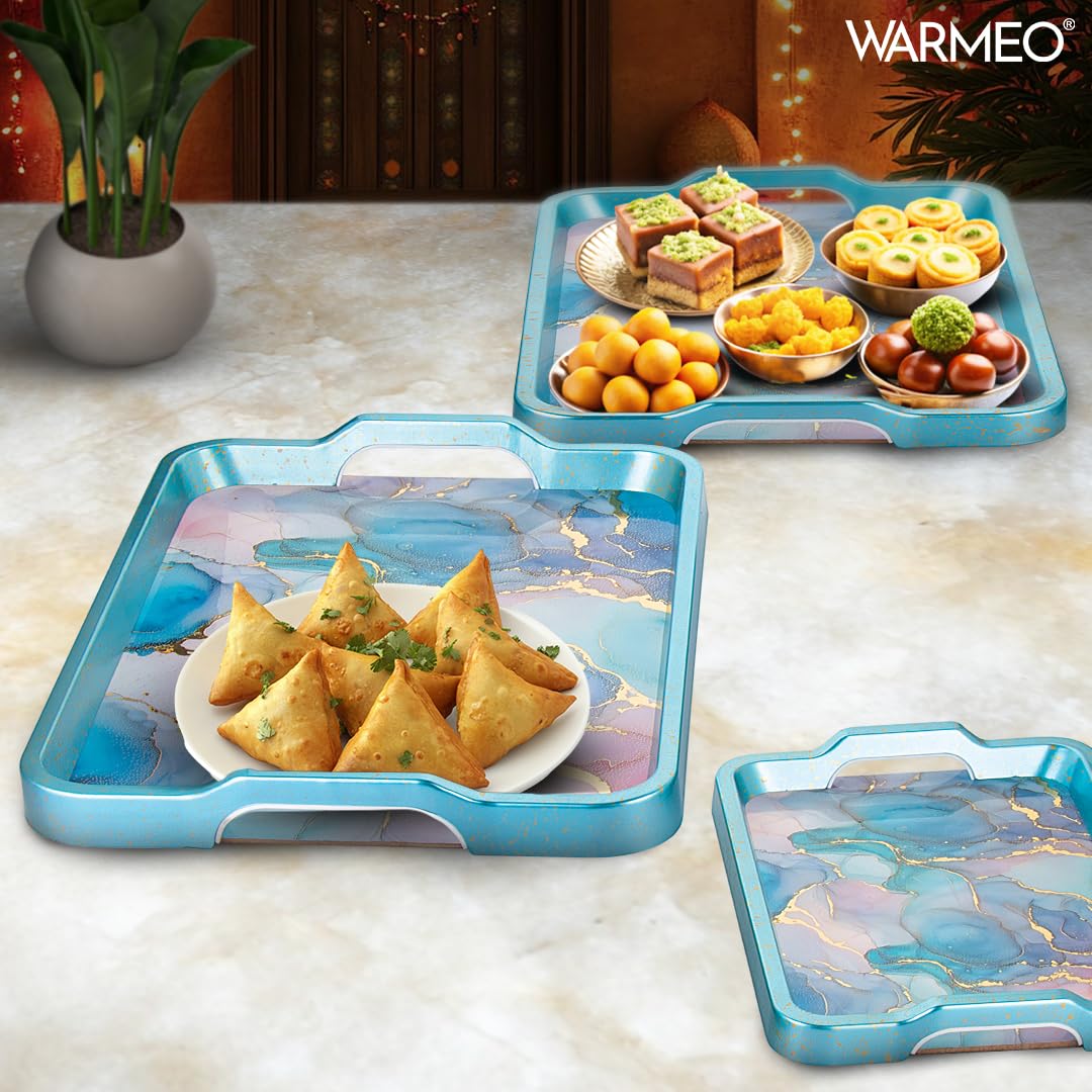 WARMEO Royal Wooden Serving Tray Set |Multipurpose Decorative Trays|Premium MDF Resin Tray l Rectangular | Set of 3| Serene Ocean