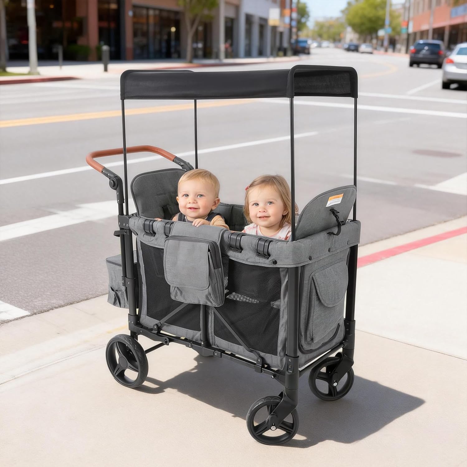 4-Seater Wagon Stroller with Adjustable Canopy, Convertible Seats & Removable Bench, 5-Point Harness, Parent Organizer & Snack Tray, Push/Pull Handle for Kids, Beach/Park Outdoor (Grey)