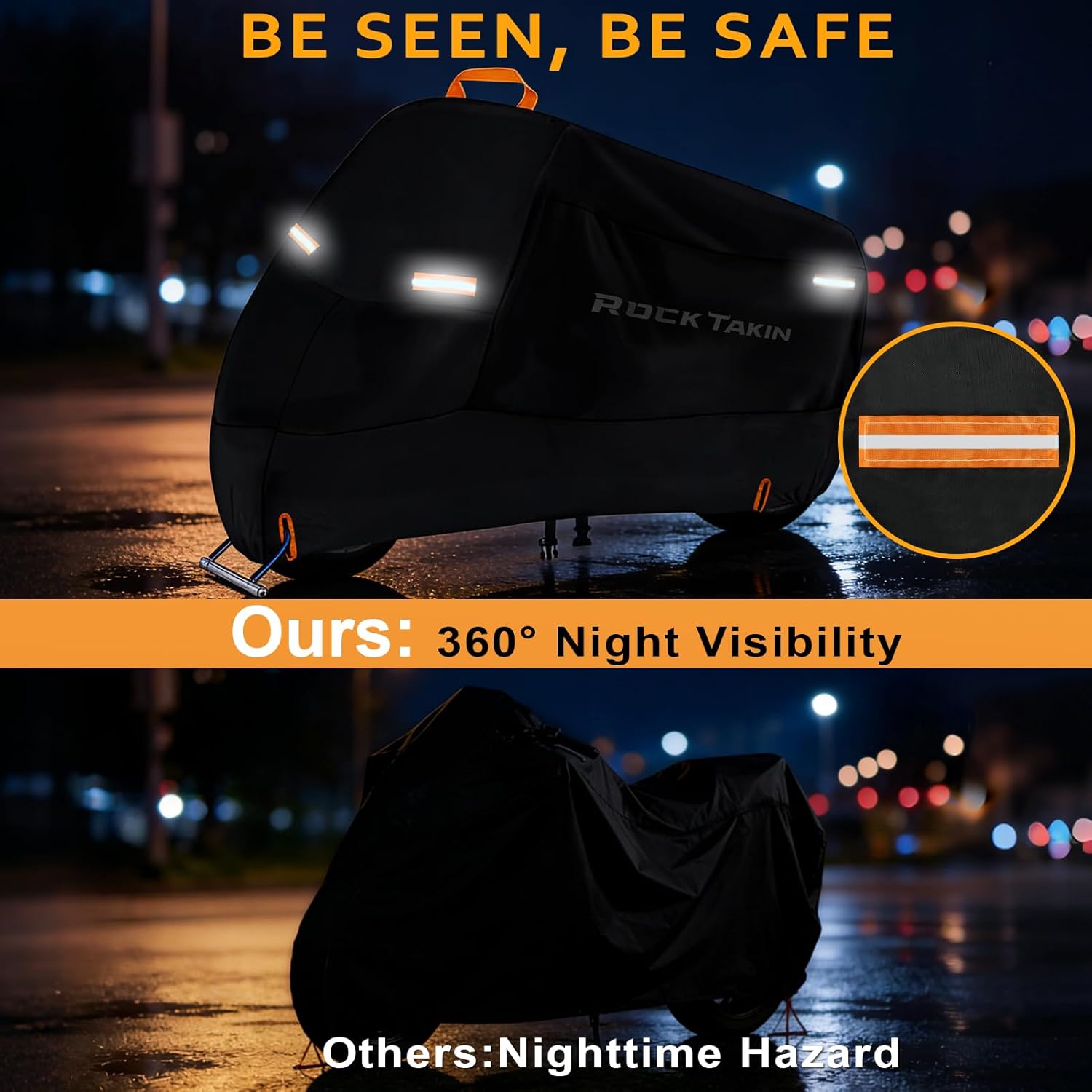 ROCKTAKIN 300D Heavy Duty Motorcycle Cover, Waterproof All Season Outdoor Protection with 4 Reflective Strips & Lock Holes, Fits Most Cruisers, Touring Bikes and Scooters up to 96.5"