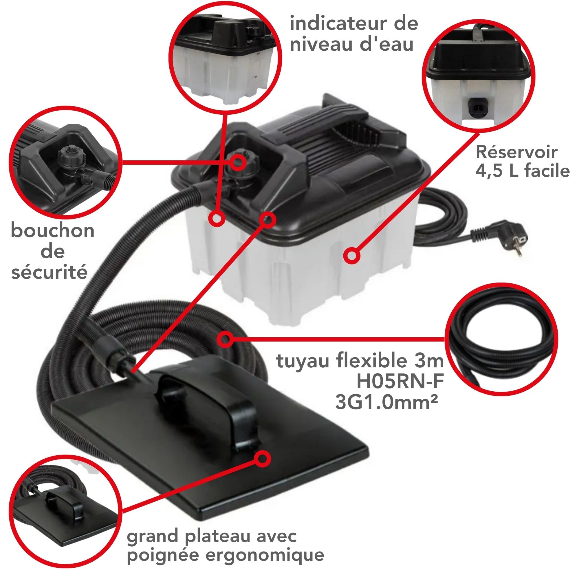 Toolland Décapeur vapeur, décolleuse papier peint, 2200W, réservoir 4,5L, autonomie 70 min, plaque vapeur 28x20 cm, tuyau 3m pour retirer facilement le papier peint