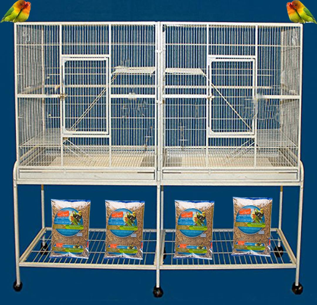 Large Double Breeding Flight Bird Wrought Iron Double Parrot Bird Cage Slide Out Center Divider Side Nesting Box Doors Cockatiel Conure Removalbe Rolling Stand