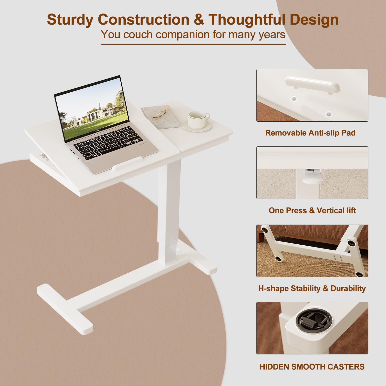 YQJJGL Mesa de Cama Ajustable con Ruedas, Tablero Dividido inclinable de Madera Maciza, mesita de Noche con Bandeja Deslizante para Laptop, Altura Regulable 70-111 cm,Blanco