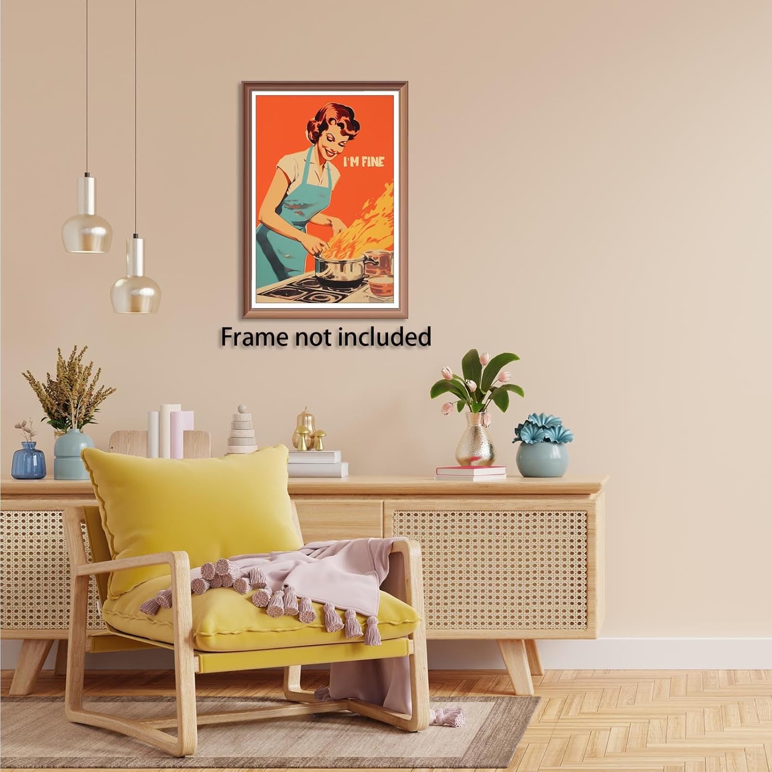 Vintage Funny Kitchen Wall Art I'M Fine Happy Housewife Canvas Prints Painting Retro 50s Fun Kitchen Cooking Flame Posters For Dining Room Wall Decor 12x16in Unframed - Image 4