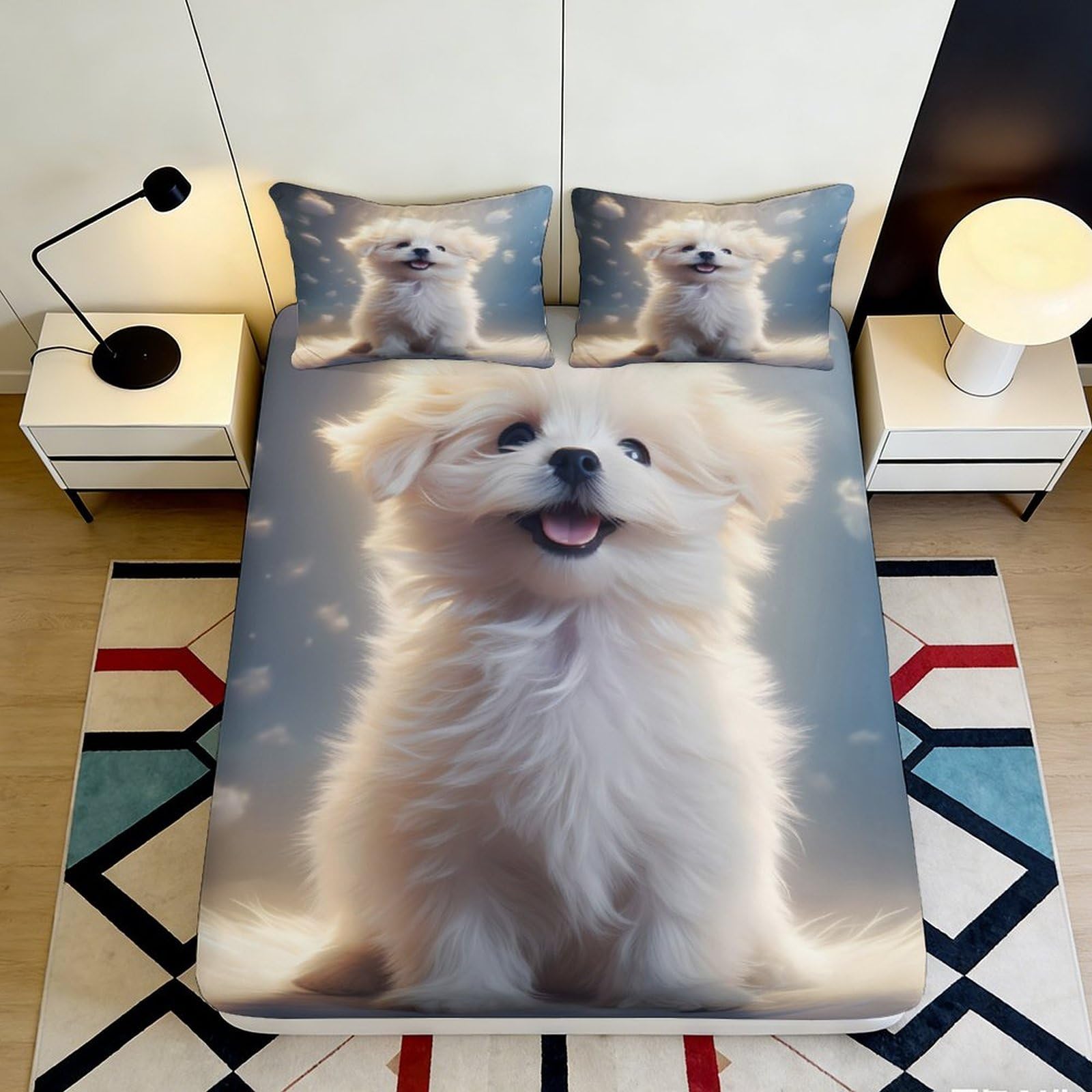 3D Printed Fluffy Puppy Fitted Sheet Microfiber Soft Anti-Slip Dog Pattern Mattress Cover for Bedroom Guest Room Decor 90x200x25cm