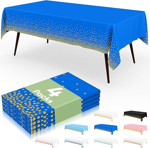 Miniatura 32 de misaya Paquete de 4 manteles desechables de lunares, mantel de plástico impermeable de 54 x 108 pulgadas, lunares dorados rectangulares en blanco