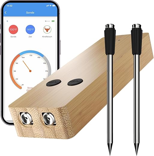 Fleischthermometer Kabellos Grillthermometer mit zwei dünneren Sonden APP Bluetooth 100m Meat Thermometer Bratenthermometer für Backofen Grill Smoker Rotisserie Airfryer