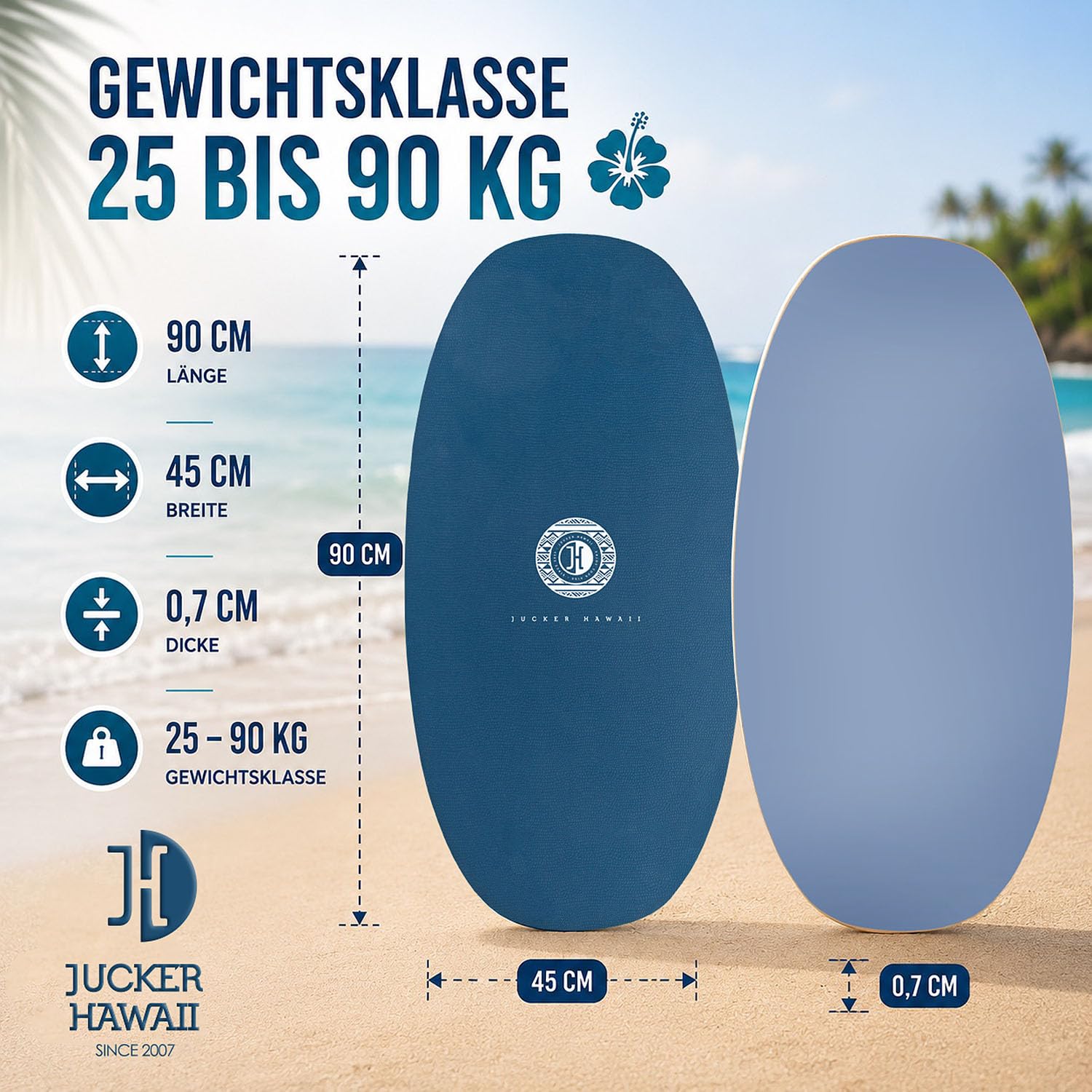 JUCKER HAWAII Skimboard KEIKI HPL Blue – Anti-Rutsch & HPL Beschichtung