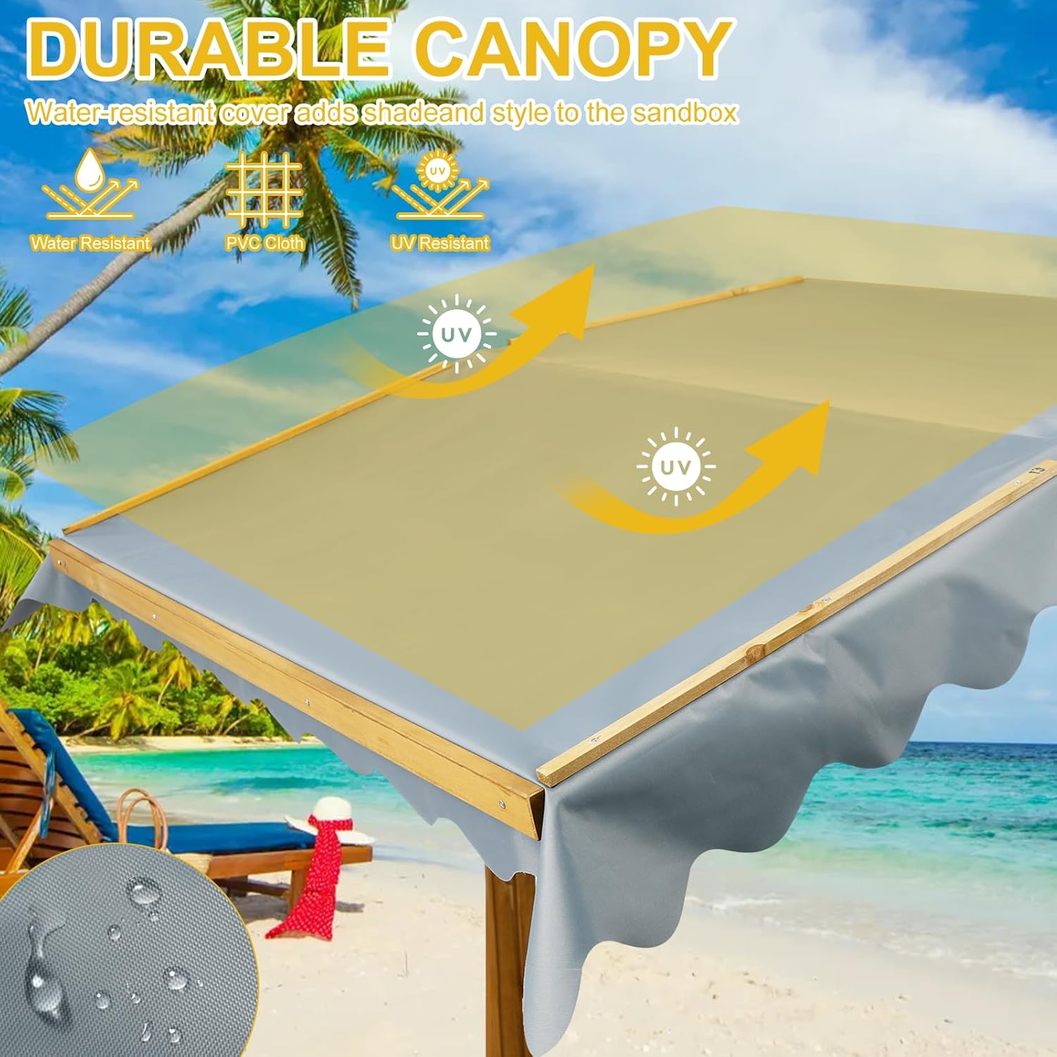 Ketive Kids Wooden Sandbox with Cover, Outdoor Sand Box with Lid 2 Side Buckets, 4 Bench Seats & All-Round Bottom Liner, UV-Resistant Canopy, Height Adjustable Roof Gift for Ages 3-8(45.3x45.3in)