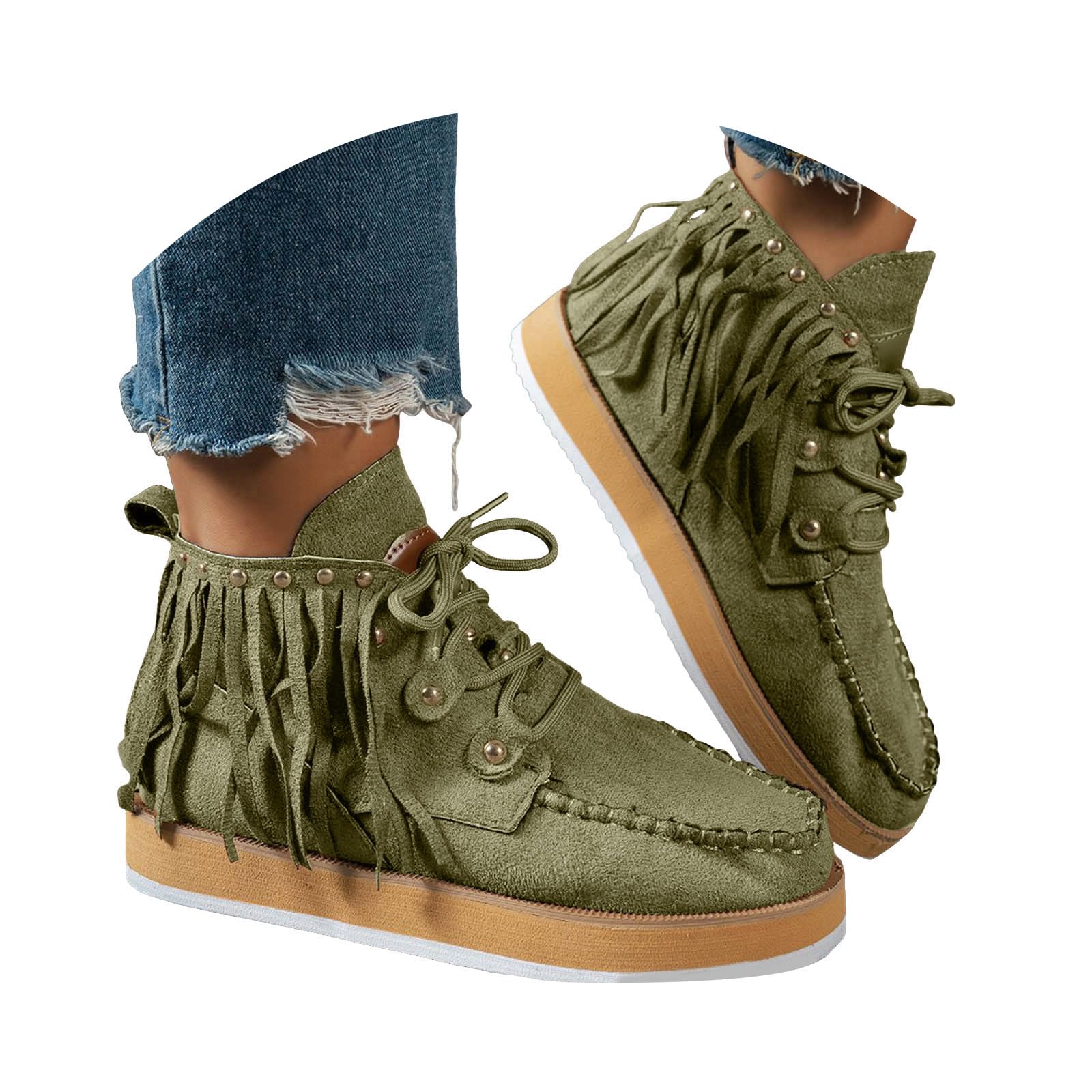 Boho Ankle Booties for Women Fringe Vintage Suede Lace Up Round Toe Platform Western Cowboy Boots Womens Ethnic