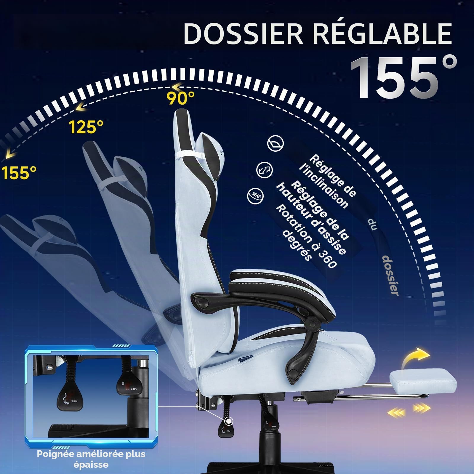 GTPLAYER Chaise de Jeu, Ergonomique, en Velours High-Tech, avec Soutien Lombaire - Chaise PC avec Dossier élargi - Charge maximale : 150 kg - Bleu Claire