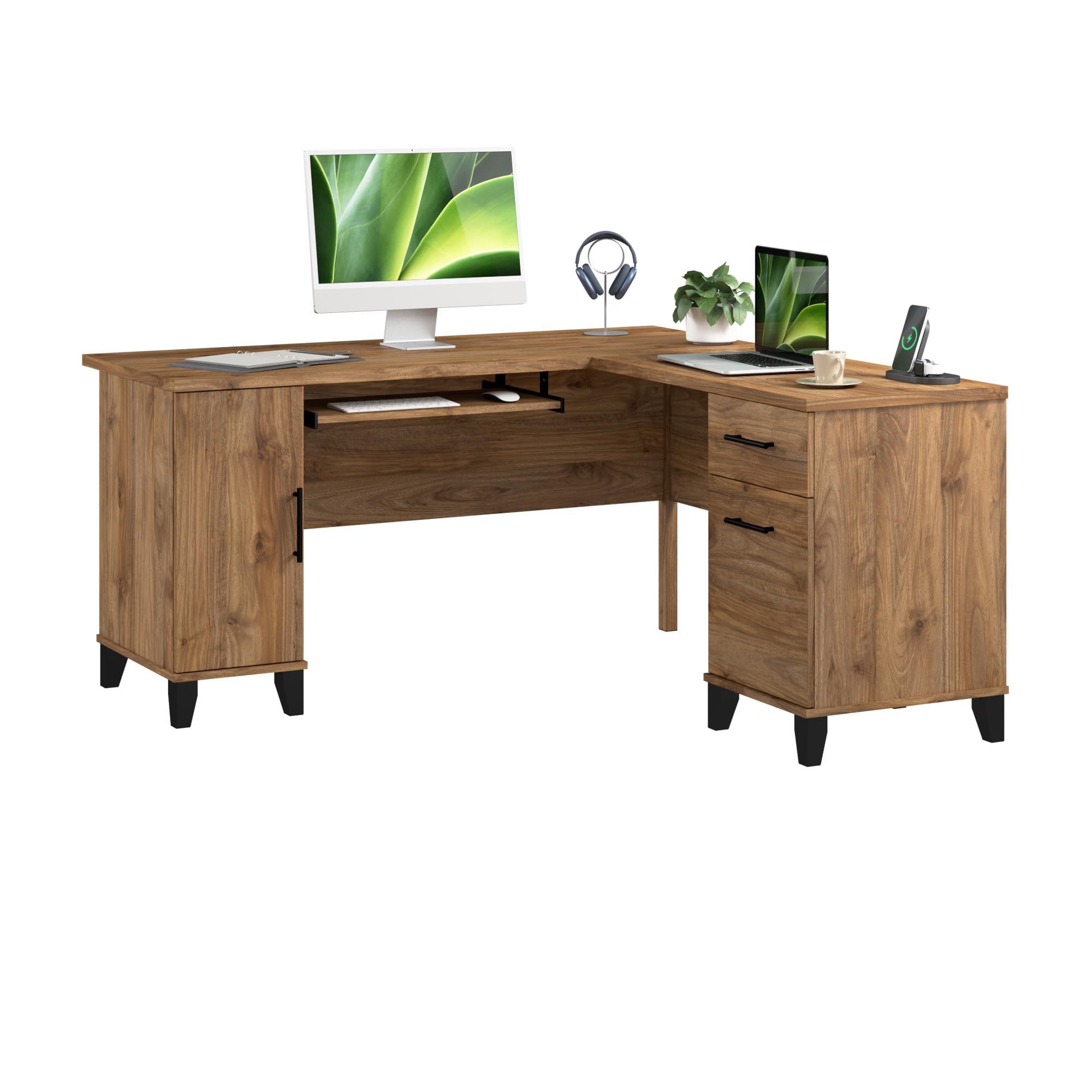 Photo 1 of ***UPDATED 6/19***Bush Home 60-Inch L-Shaped Desk with Storage, Corner Computer Office Desk with Drawers and Storage Cabinet, Home Office Furniture, Somerset Collection, Fresh Walnut