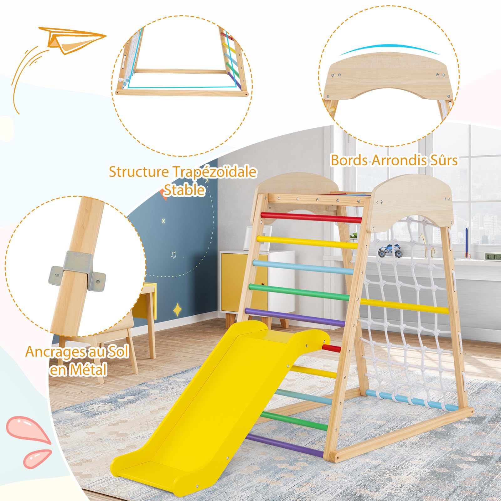 COSTWAY 4 en 1 Triangle d'escalade Montessori en Bois Enfants avec Toboggan, Aire de Jeu d’Escalade Intérieur avec Filet & Échelle d'escalade Montessori, Charge 50kg pour Bébé de 1 an+