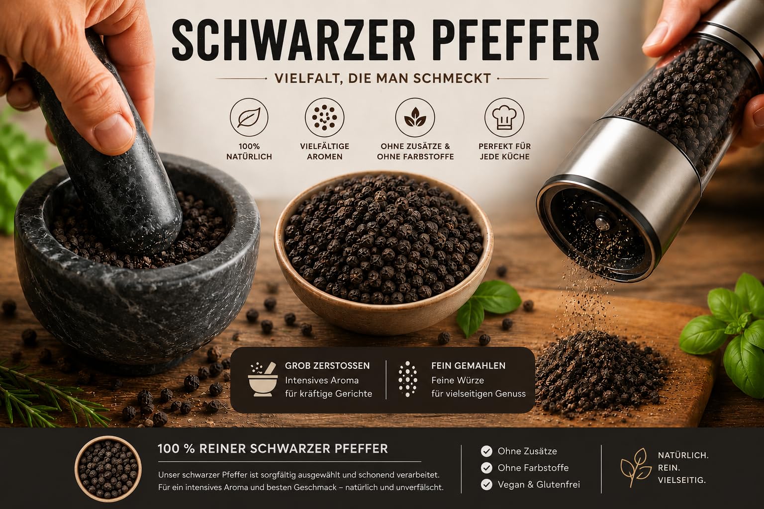 K T 1000 g / 1 Kg Pfeffer schwarz ganz schwarze Pfefferkörner ganz - Perfekt für Mühle & Mörser