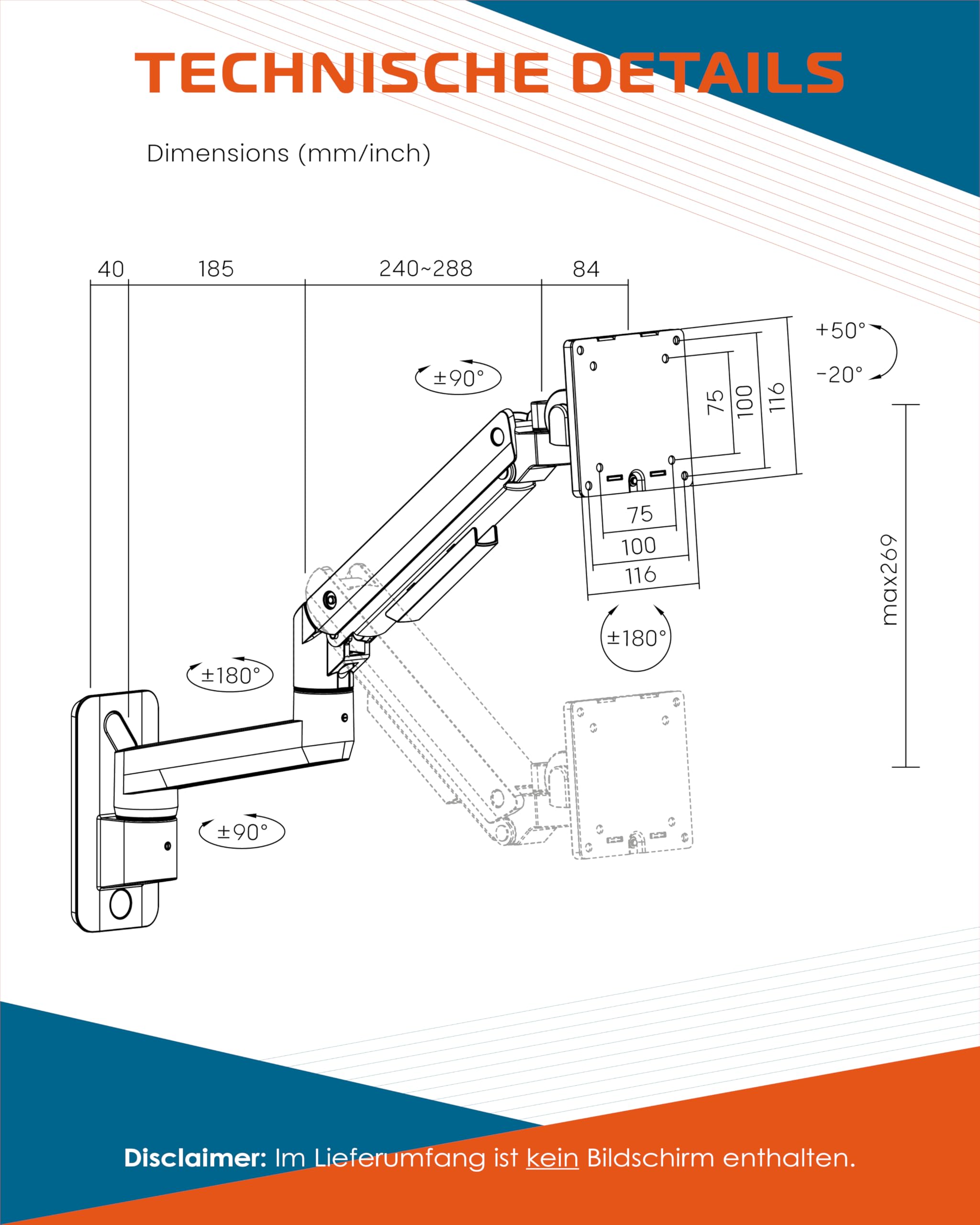 Xantron PRO-WallGS - Supporto da parete ergonomico regolabile in altezza, VESA 75 x 75 e 100 x 100 cm, per monitor 1 monitor da 17 a 49 pollici, rotazione a 360 gradi fino a 20 kg