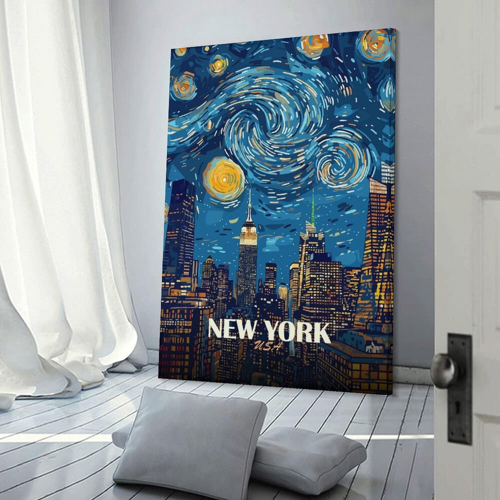 Junmoney Wall Picture Print New York City Starry Night Art, 20x30inch(50x75cm), for Lounge, Bedroom Or Personal Spaces, Canvas Artwork with Gifting Potential