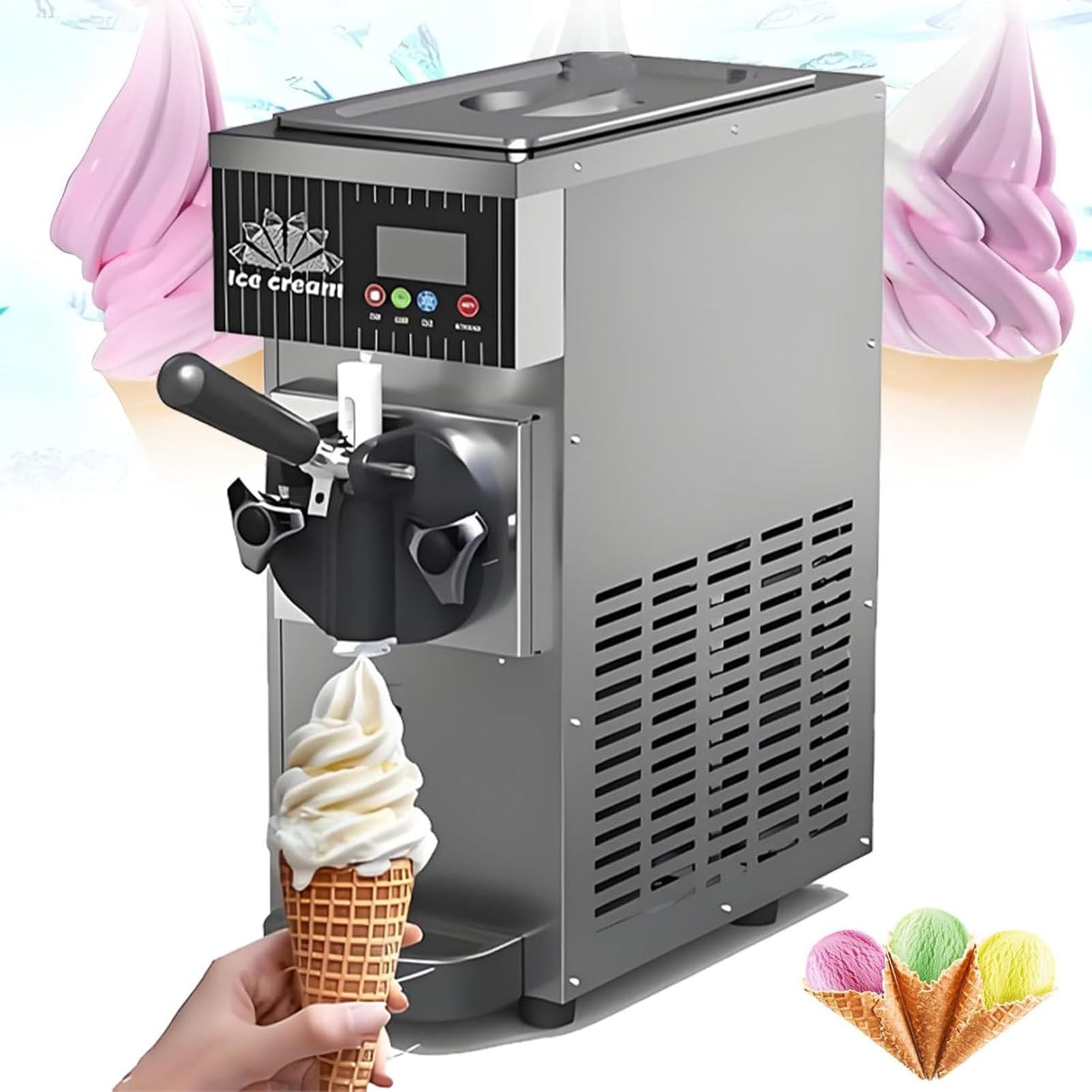 PioMue Soft Serve Ice Cream Maker Machine, Commercial 4-5kg/H Capacity with LCD Panel and Automatic Cleaning, Ideal for Snack Bars,Yogurt, Coffee StainlessSteel