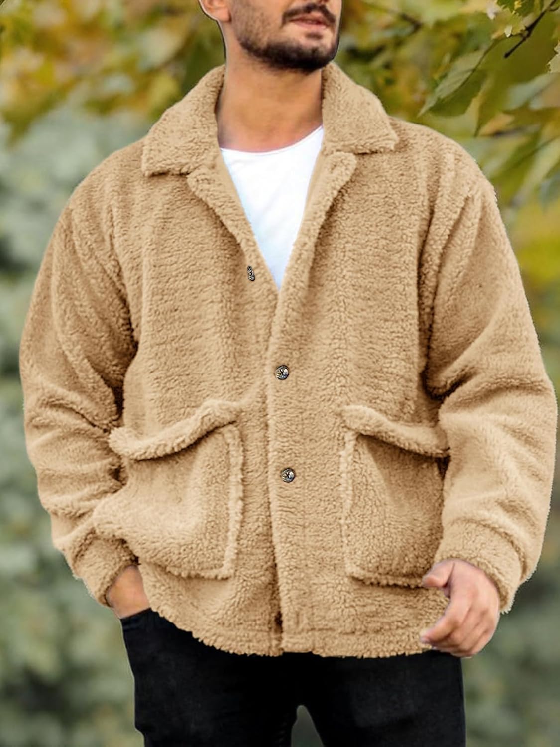 Runcati Mens Fuzzy Sherpa Jacket Fleece Long Sleeve Button Down Coat Fall Winter Warm Outwear - Image 6
