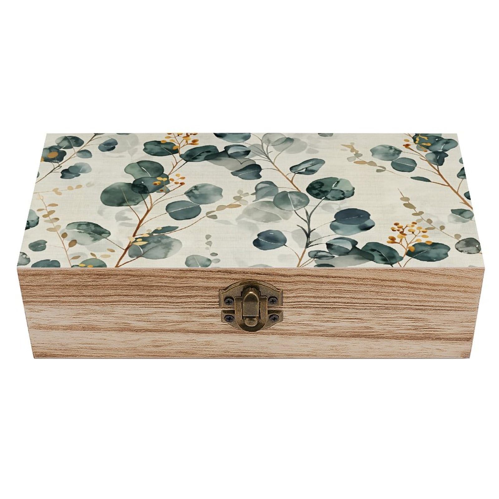 Eucalyptus Leaves Floral Watercolor Style Vintage Wooden Keepsake Box with Hinged Lid And Locking Clasp, Decorative Storage Box for Jewelry, Trinkets And Small Accessories, Organizer for Home Or Weddi
