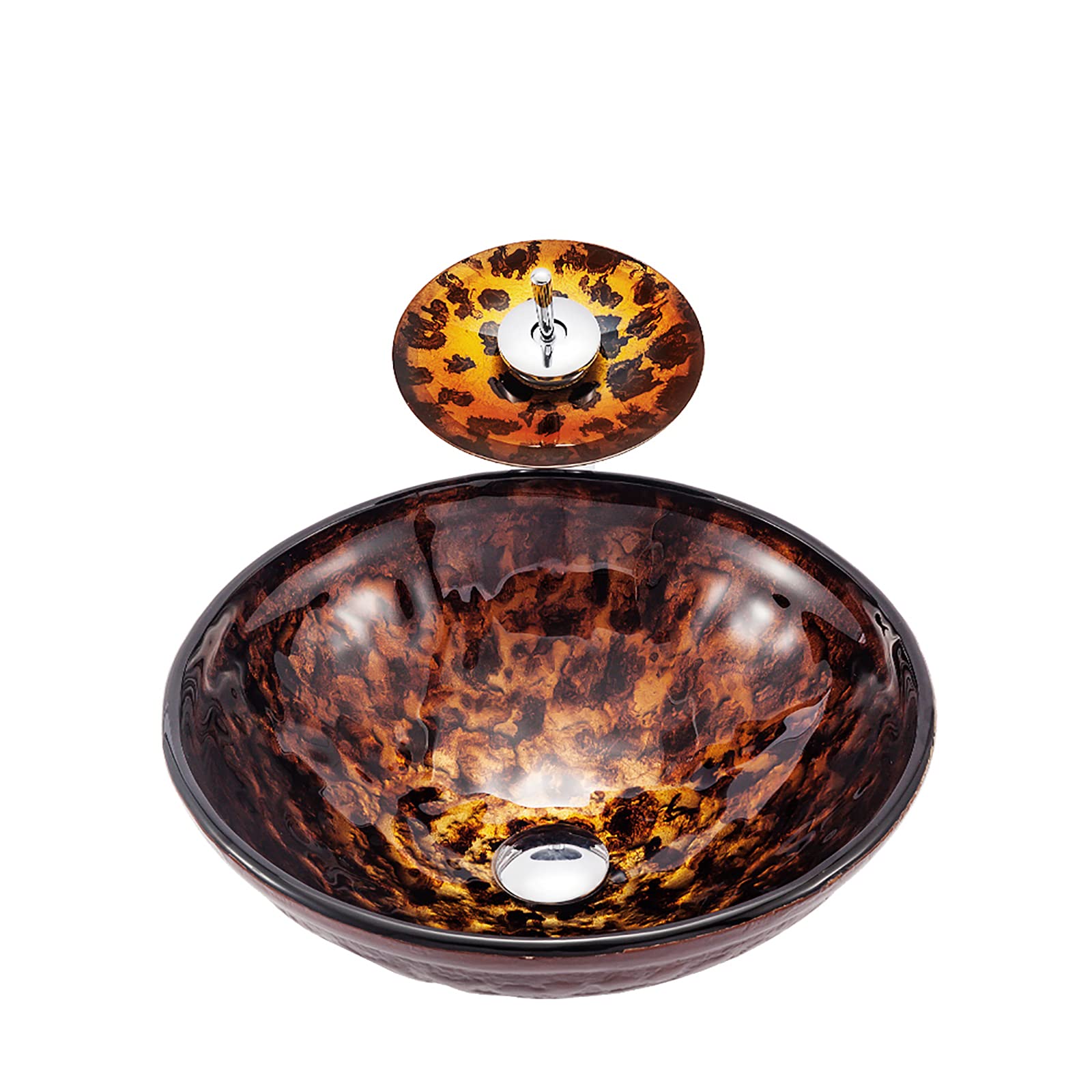 WDSOPK Round Bathroom Vessel Sink and Faucet Combo Countertop Bowl Tempered Glass Vanity On The Top Hand Painted Flame Art with Drain