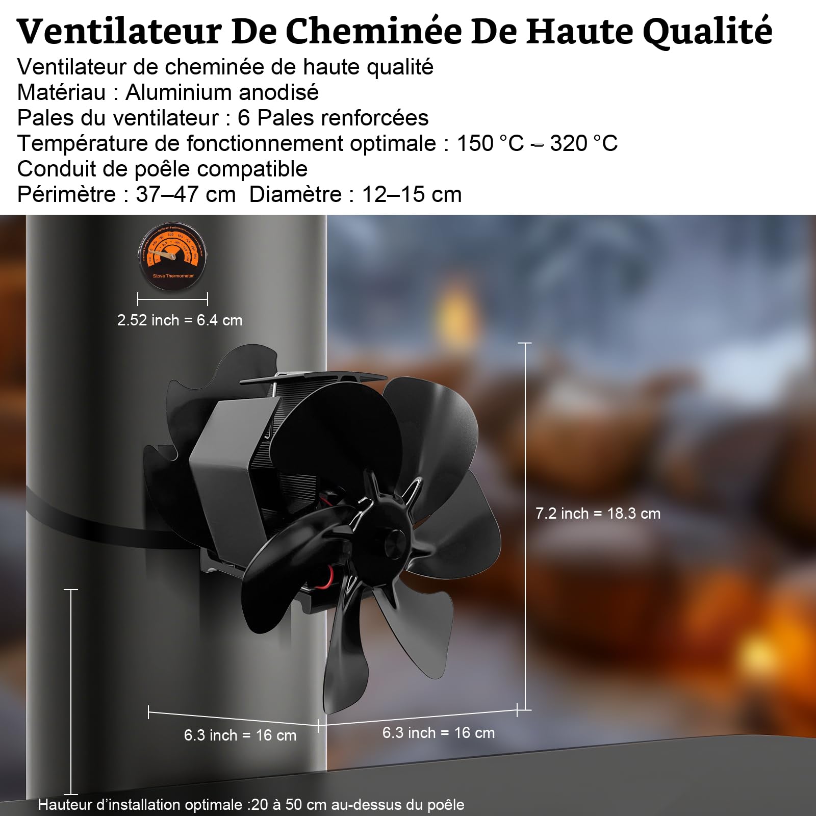 Ventilateur Poele à Bois 6 Pales avec Thermomètre, Ventilateur de Cheminée Alimenté Par la Chaleur pour Poêle à Bois/Cheminée/Gaz/Bûche/Tuyau de Poele(Grand)