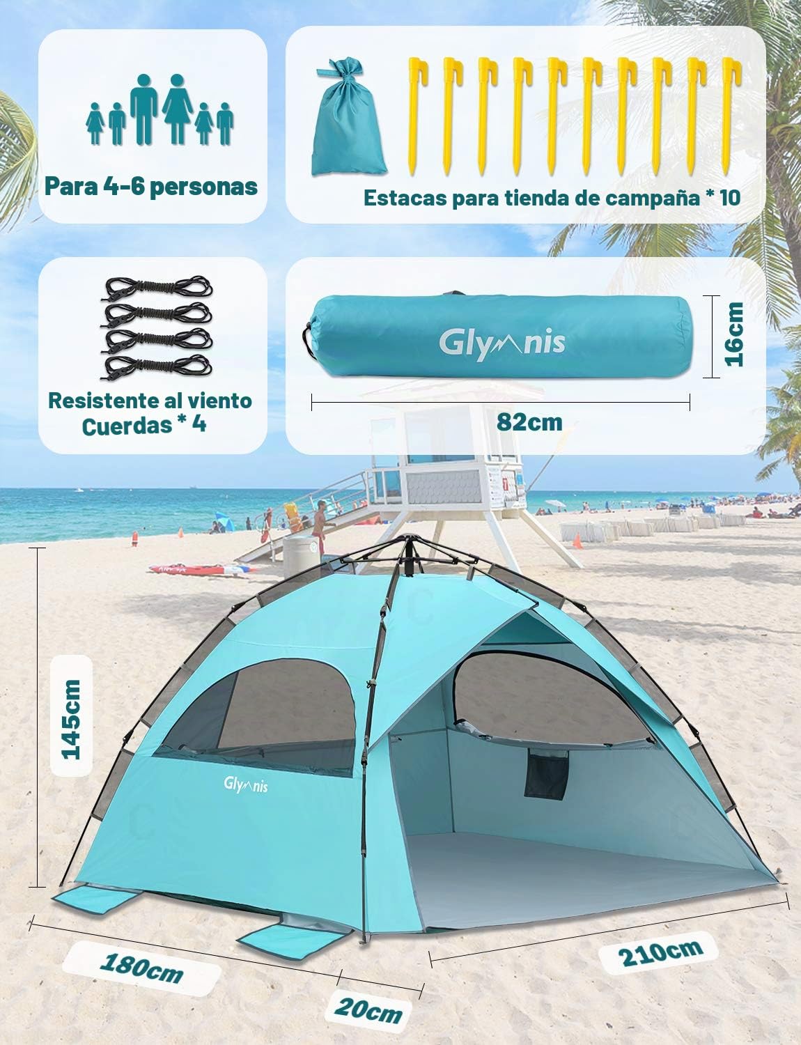 Glymnis Tienda de Playa para 4 – 6 Personas, Carpa Hidráulica Automática Portátil Protección Solar UPF 50+, Proteccion UV, Ventilación con Bolsa de Transporte para Exteriores Picnic
