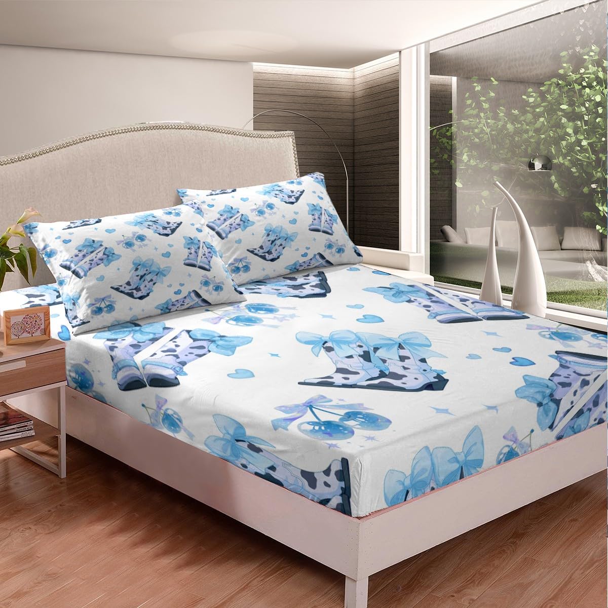 Feelyou Blue Western Decor Bed Sheet Set Twin Size Cowgirl Cowboy Boots Fitted Sheet Boys Girls Decor Cute