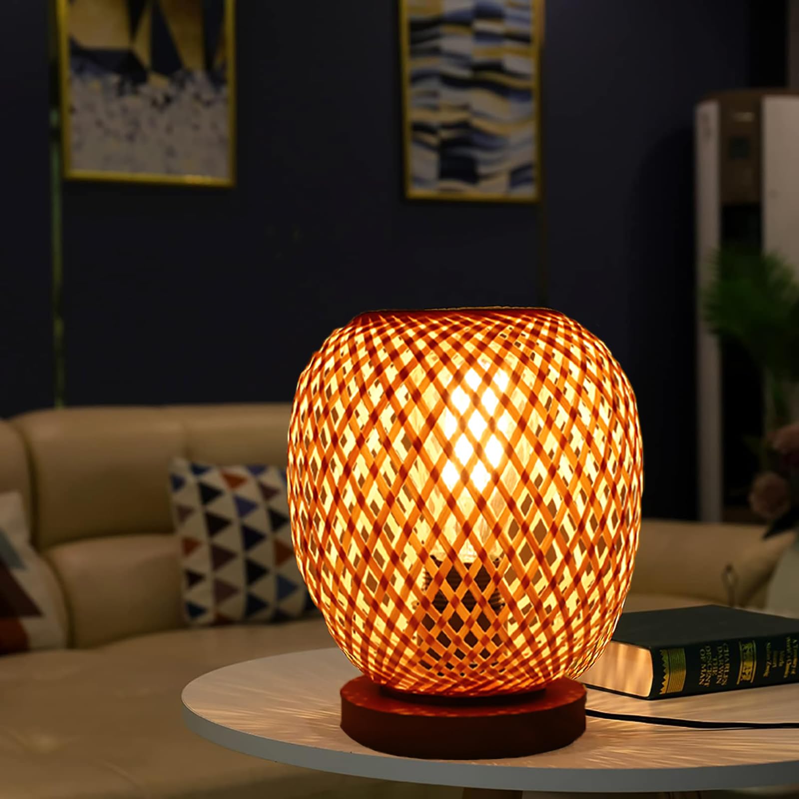 KZT 2pcs Tischleuchte aus Bambusgewebe mit Stecker und Schalter Nachttischleuchte Retro Dekorative Tischlampe Handgefertigte Gewebte Nachtlicht für Schlafzimmer Nachttisch Arbeitszimmer Stehlampe
