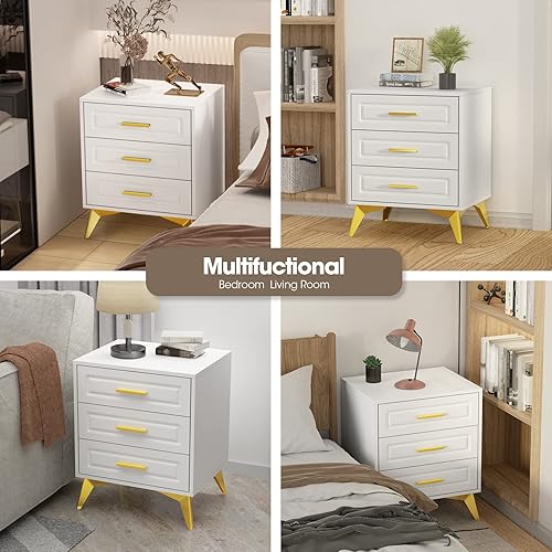 Miniatura 8 de Giluta Mesita de noche de 3 cajones moderna mesita de noche con patas y asas de metal sólido cómoda de madera dorada blanca mesa auxiliar para sofá