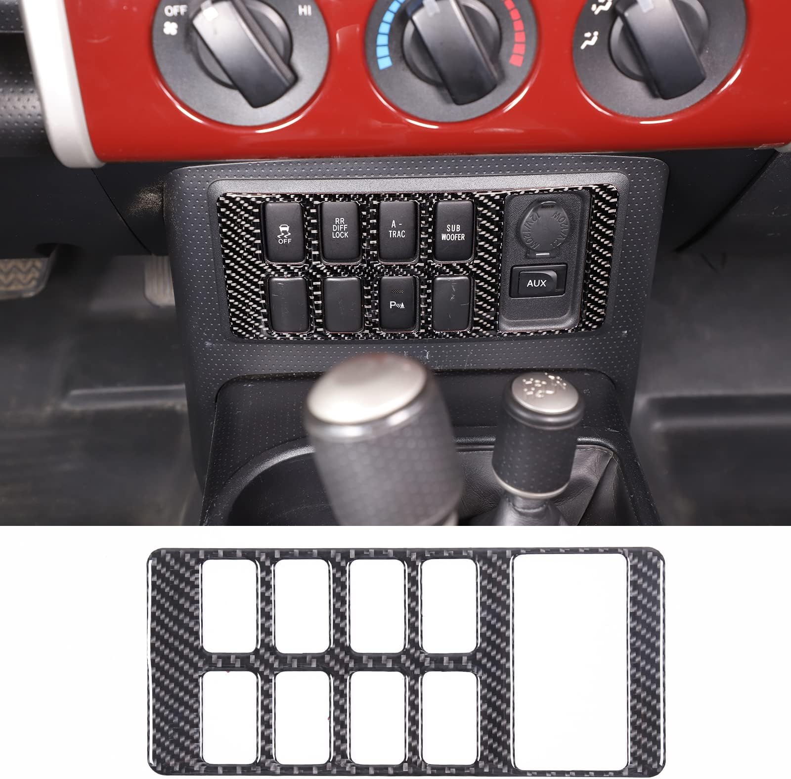 Fgtagtal Soft Carbon Fiber Center Console Auxiliary System Button Panel Trim Cover Fit for Toyot@ FJ Cruiser 2007-2021, Air Conditioner Switch Panel Trim Sticker Accessories (Black)