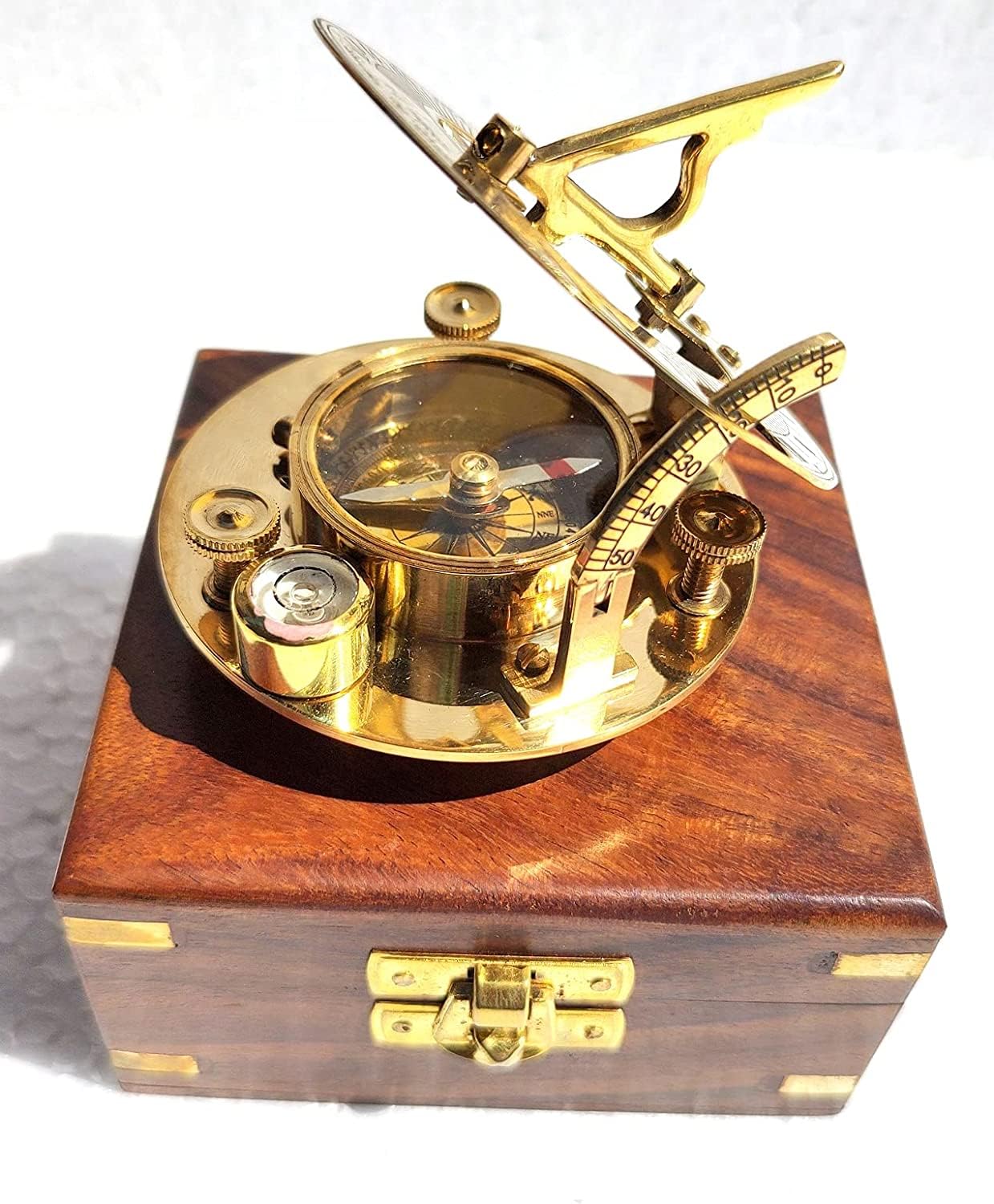 Bussola meridiana in ottone con scatola di legno, dispositivo di navigazione marittimo vintage, regalo decorativo nautico