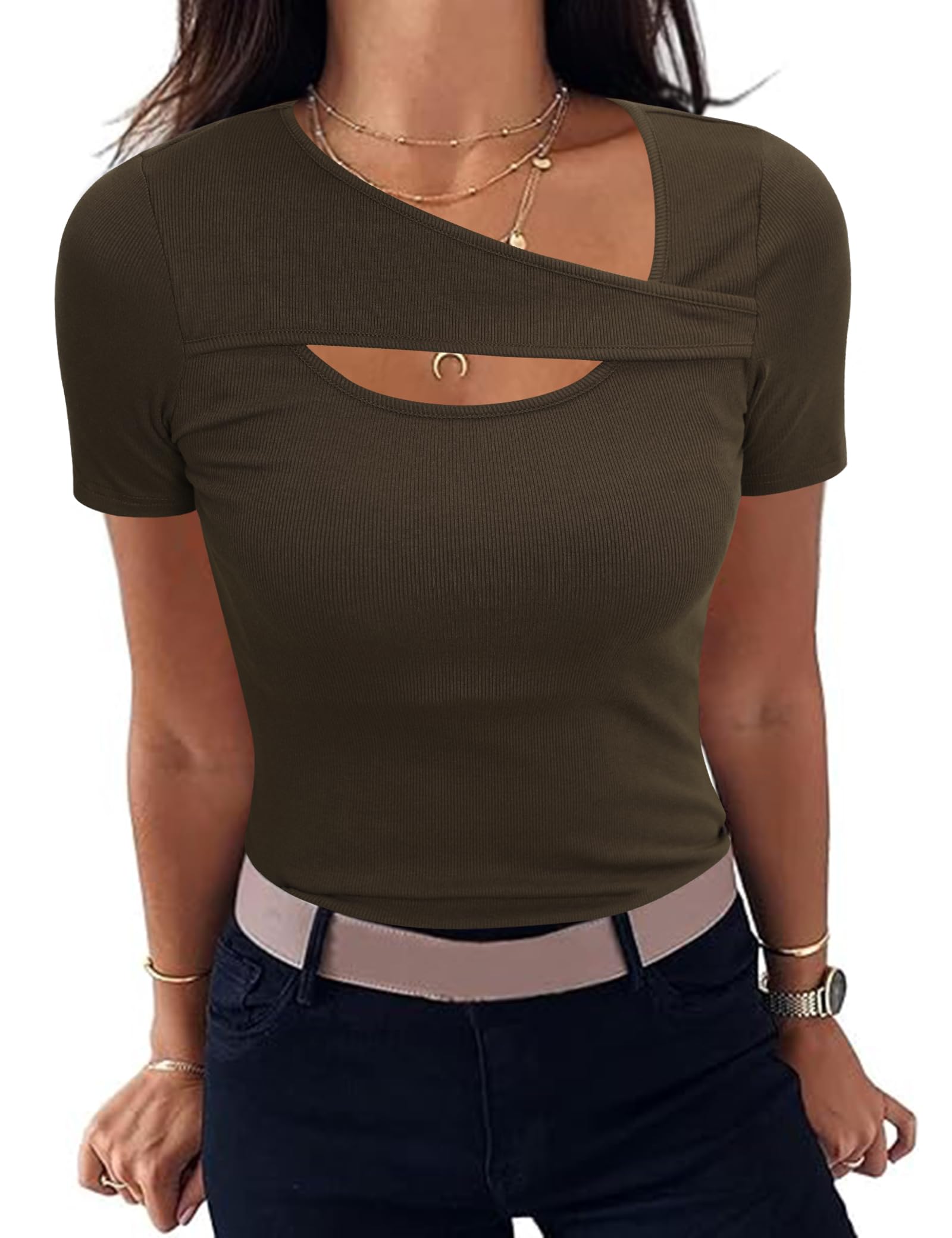 Aottori Damen T-Shirt Asymmetrischer Ausschnitt Sommer Oberteile Kurzarm Gerippt Basic Tee Shirts Elegant Slim Fit Tshirt Stretch Casual Tops Einfarbig