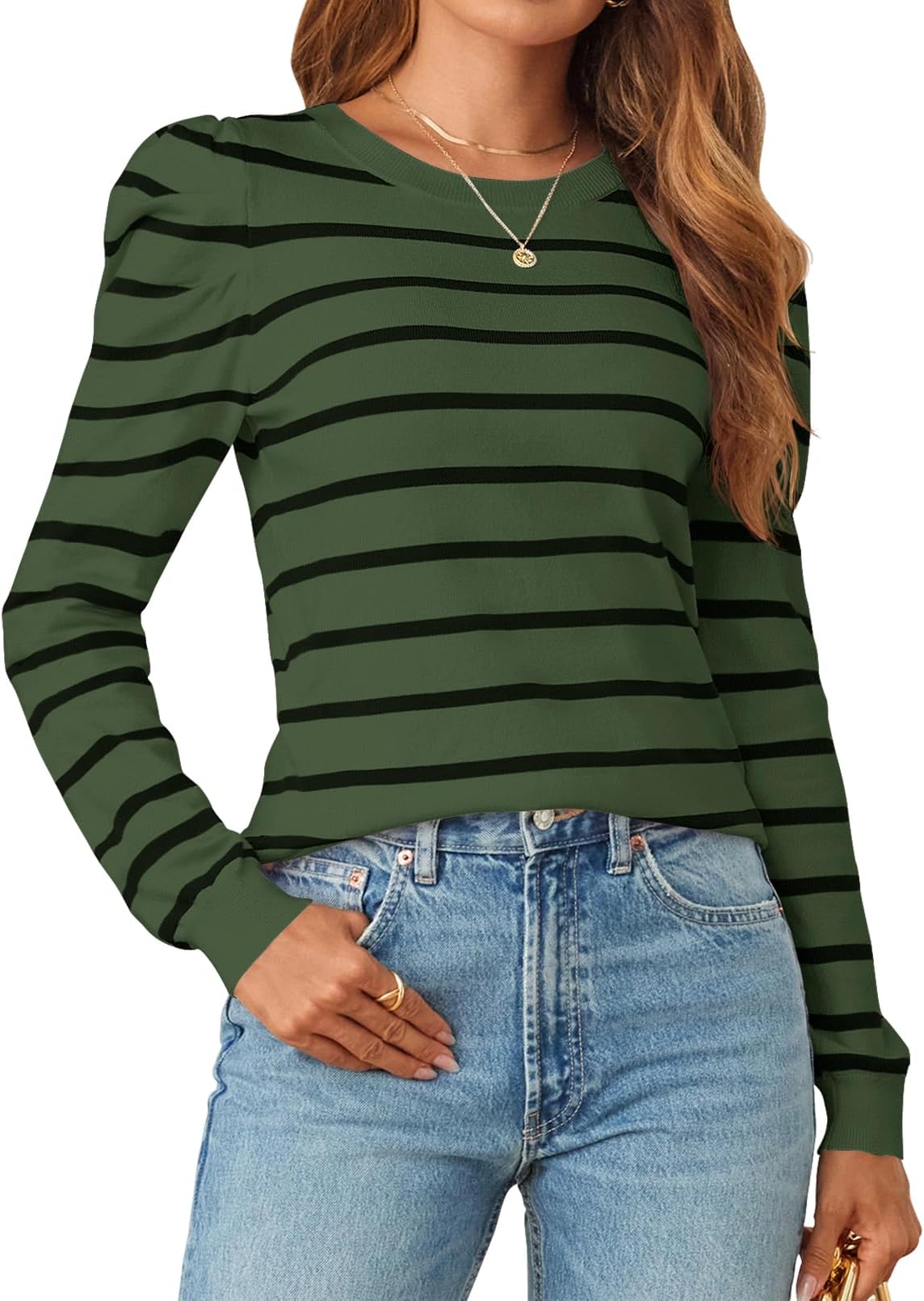 MEROKEETY Women's 2024 Striped Long Puff Sleeve Tops Casual Crew Neck Knit Pullover Sweaters Shirts
