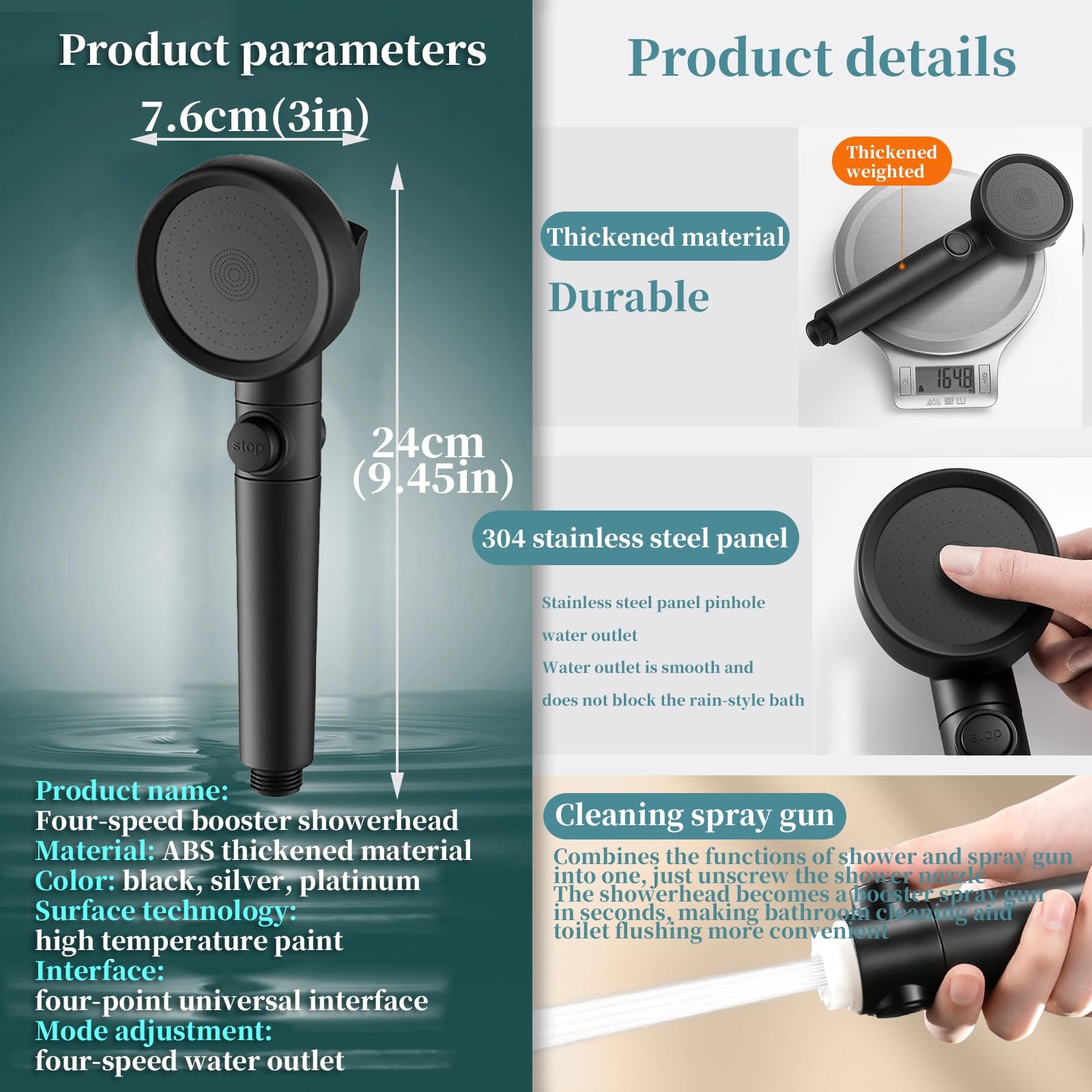 Cabezal de ducha de mano de alta presión, cabezal de ducha filtrado de cuatro velocidades para un fácil lavado, conveniente para inodoros, suelos y fregonas