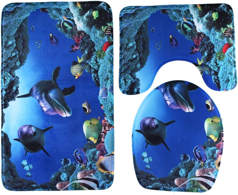 TOPCHANCES 3 Pieces Bathroom Rugs Set, Microfiber 3 Piece Bathroom Rugs and Mats Sets,Bath Shower Mat,U-Shaped Toilet Rug and Toilet Lid Cover for Tub, Shower and Bath Room (Ocean Fishes Pattern