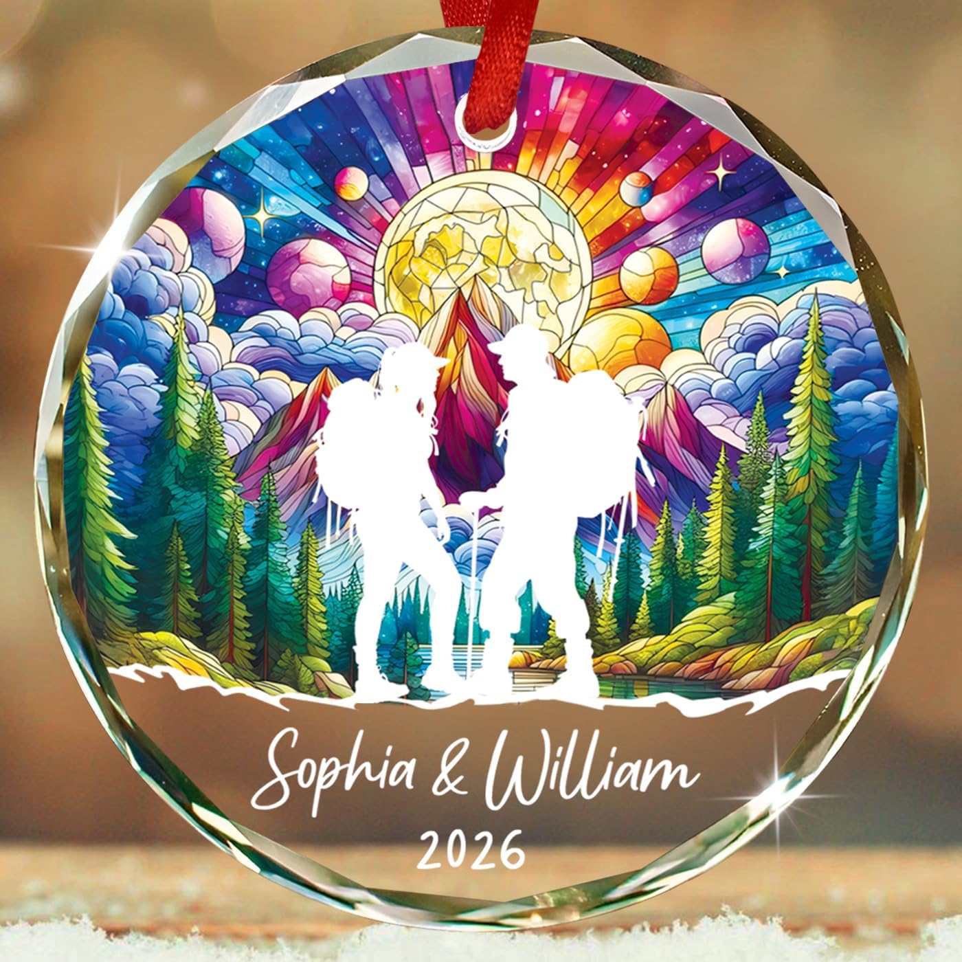 Personalized Mountain Hiking Couple Glass Ornament Christmas 2026, Vacation Christmas Tree Ornament Gifts for Him Her, Hiking Lover Xmas Keepsake Gift, Custom Names Couple Adventuring Ornaments