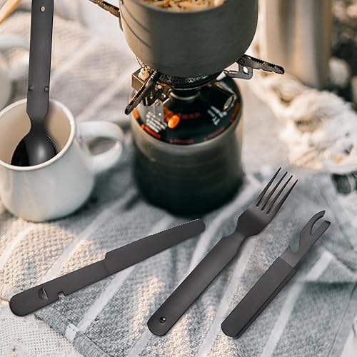 Miniatura 8 de Cubiertos para exteriores, cubiertos negros 4 en 1, militar, portátil, de acero inoxidable, cuchara, tenedor, cuchillo y abrebotellas, combo de