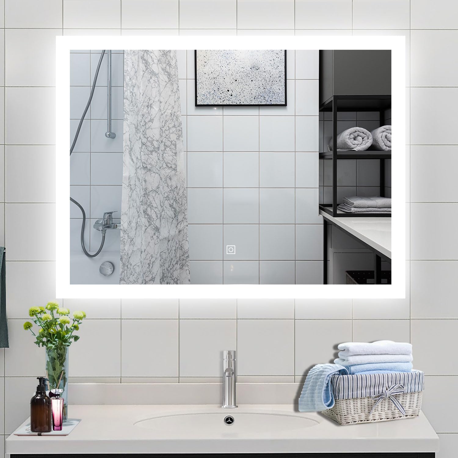 Simple Bathrooms White 800 * 600 Bathroom Mirror,Rectangular, Dimmable Led,Anti-Fog,Memory Function,Touch Sensor,Explosion-Proof,Ip44