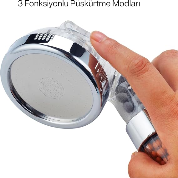 Bluefox Arıtmalı Tasarruflu Duş Başlığı - 3 Ayarlı Krom & Şeffaf,%200 Artan Basınç,%35 Tasarruf, Kireç & Klor Azaltıcı