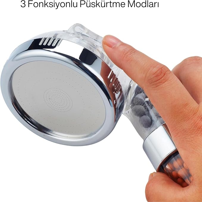 Bluefox Arıtmalı Tasarruflu Duş Başlığı - 3 Ayarlı Krom & Şeffaf,%200 Artan Basınç,%35 Tasarruf, Kireç & Klor Azaltıcı