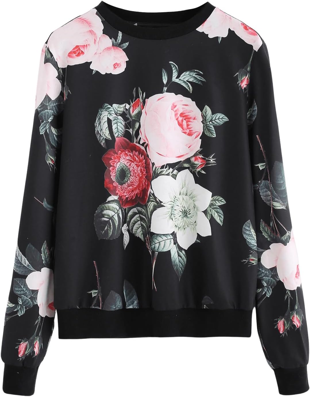 OYOANGLE Women's Casual Flower Print Long Sleeve Round Neck Pullover Sweatshirt Top