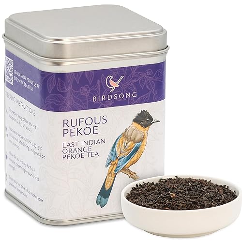 Birdsong Rufous Pekoe - Té orgánico de Pekoe naranja de las Indias Orientales con malta, especias y notas de madera, té negro con cafeína dulce 100%