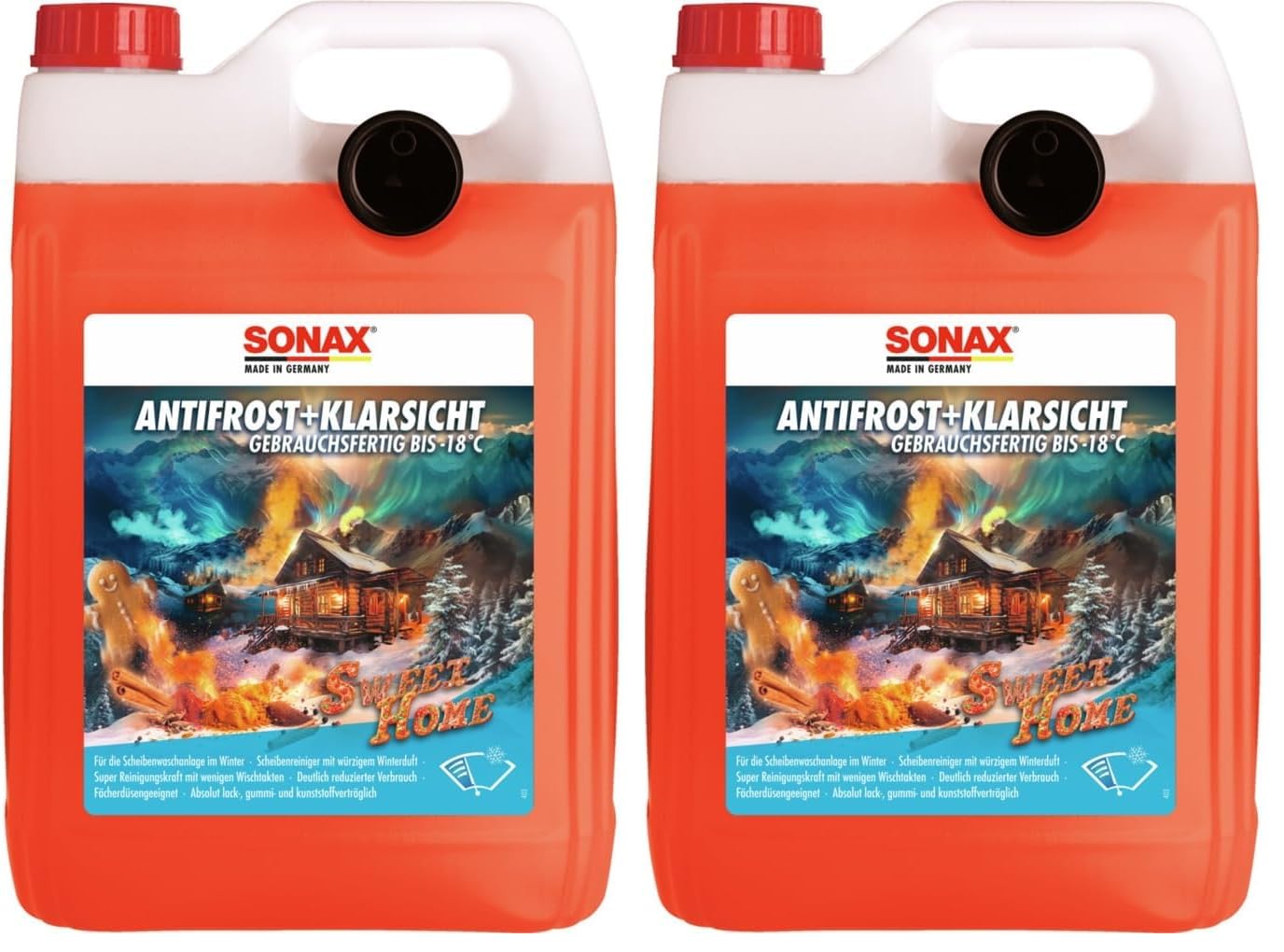SONAX AntiFrost+KlarSicht bis -18 °C Sweet Home (5 Liter) schneller, schlierenfreier und effektiver Scheibenreiniger für den Winter | Art-Nr. 01365050 (Packung mit 2)