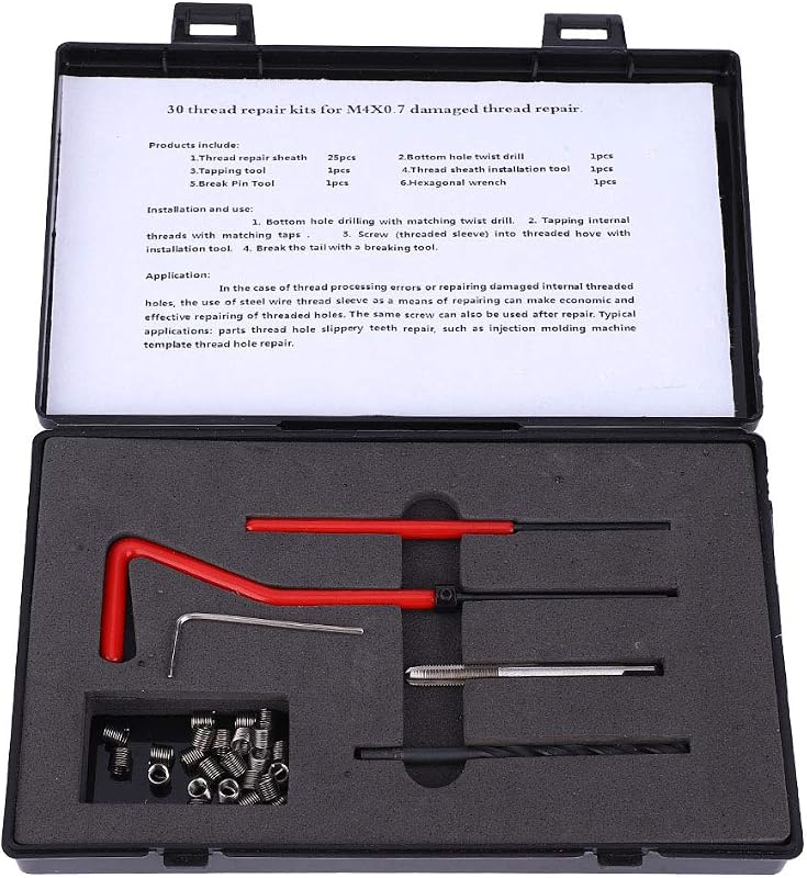 TANIQIACA Kit de reparación de roscas M4x0.7 de 30 piezas, acero inoxidable, con taladro helicoidal, grifo, llave, herramienta de inserción roscada, para una conversión rápida y sencilla de orificios roscados imperiales métricos