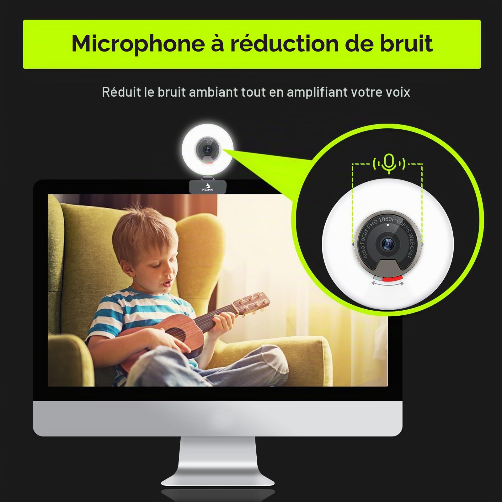 NexiGo N960E 1080P 60FPS Webcam avec lumière, Logiciel Inclus, AutoFocus Rapide, Couvercle de privacité, caméra Web USB, Double Microphone stéréo, pour Zoom Meeting Skype Teams Twitch