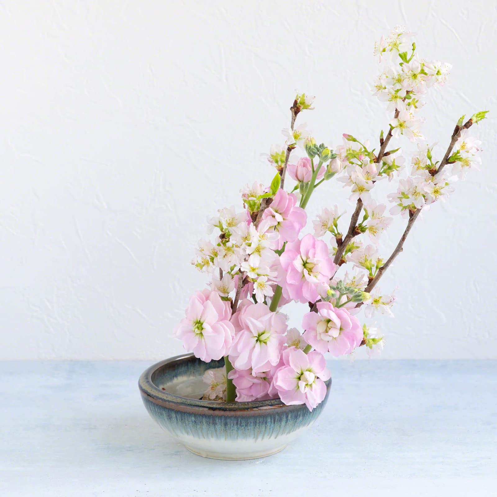 Wazakura Kit per Principianti di Ikebana, Fatto in Giappone, Vaso per Fiori Minoyaki Blanco e Blu, Supporto Kenzan in Ottone (61 mm), Pulitore in Metallo - Vaso Minoyaki, Kenzan, Strumento di Cura