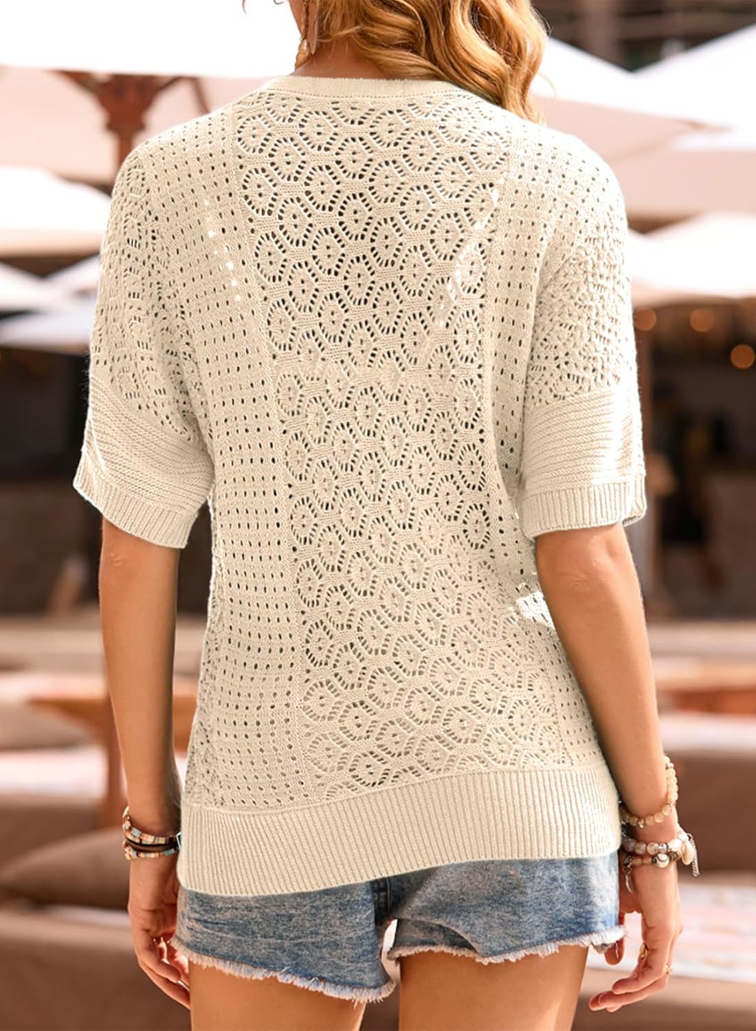 EVALESS Women's Crochet Tops Short Sleeve Hollow Out Knit Sweater Spring Summer Trendy Lightweight Casual Vacation Clothes - Image 2