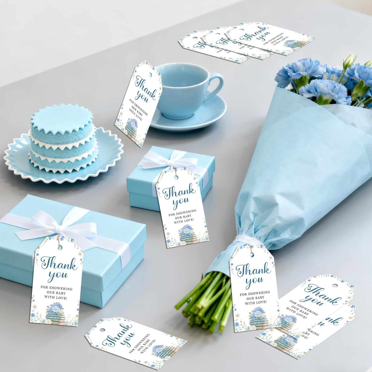 50Pcs Storybook Themed Thank You Tags A New Chapter Begins Baby Shower Party Favors Blue Floral Thank You for Showering Our Baby with Love Gift Tags for Book Reading Baby Shower Party Decors Favors - Image 2