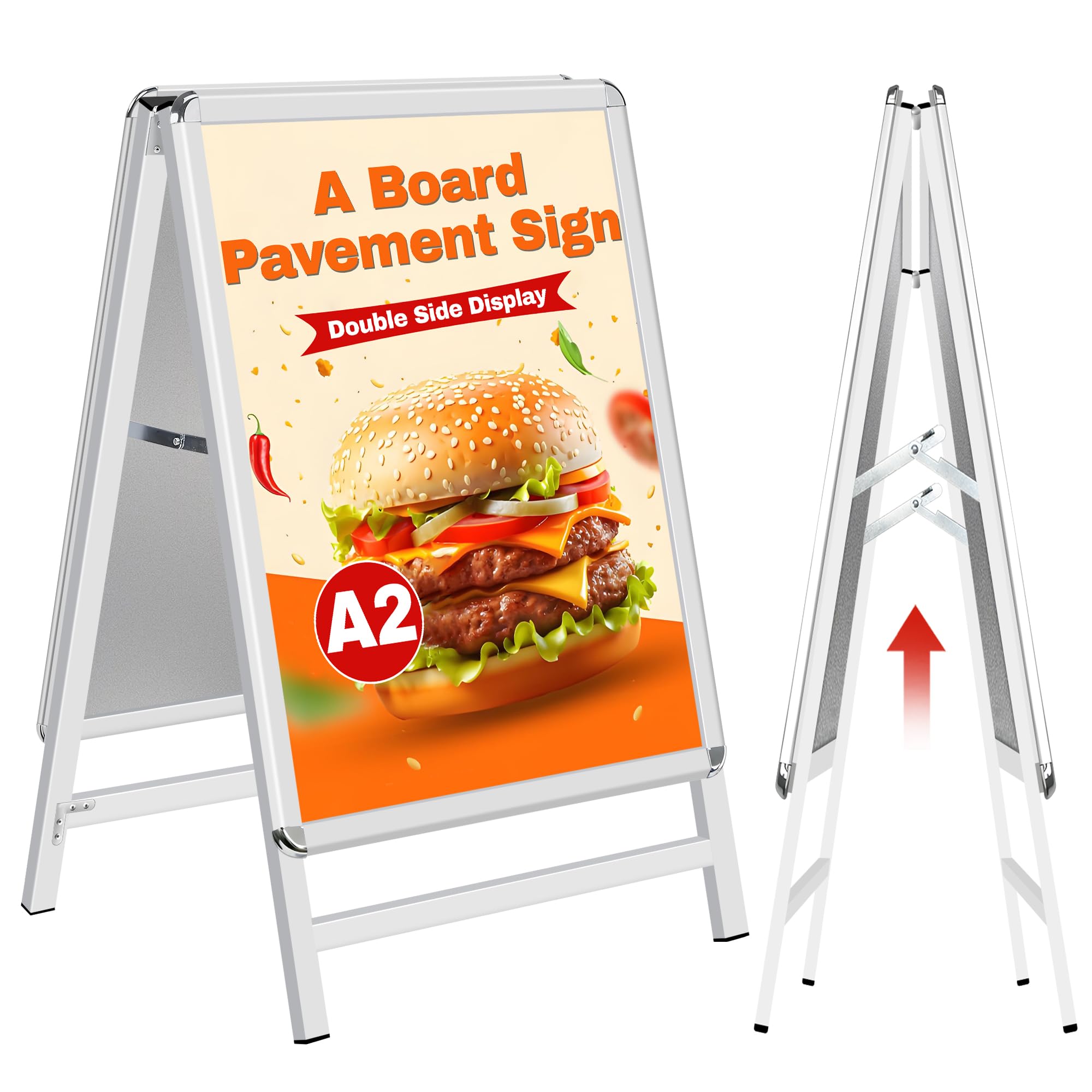 A Board Pavement Sign Frame - A2 tablero del pavimento de doble cara con aluminio Snap Frame Sign Stand para al aire libre Heavy Duty Cartel Menú Stand Publicidad Display Stand, Plata