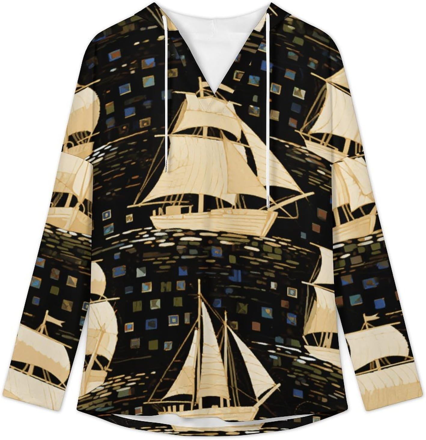 Women's V-Neck Hoodies Long Sleeve Pullover Sweatshirt with Drawstring, Loose Fit Lightweight Casual Top